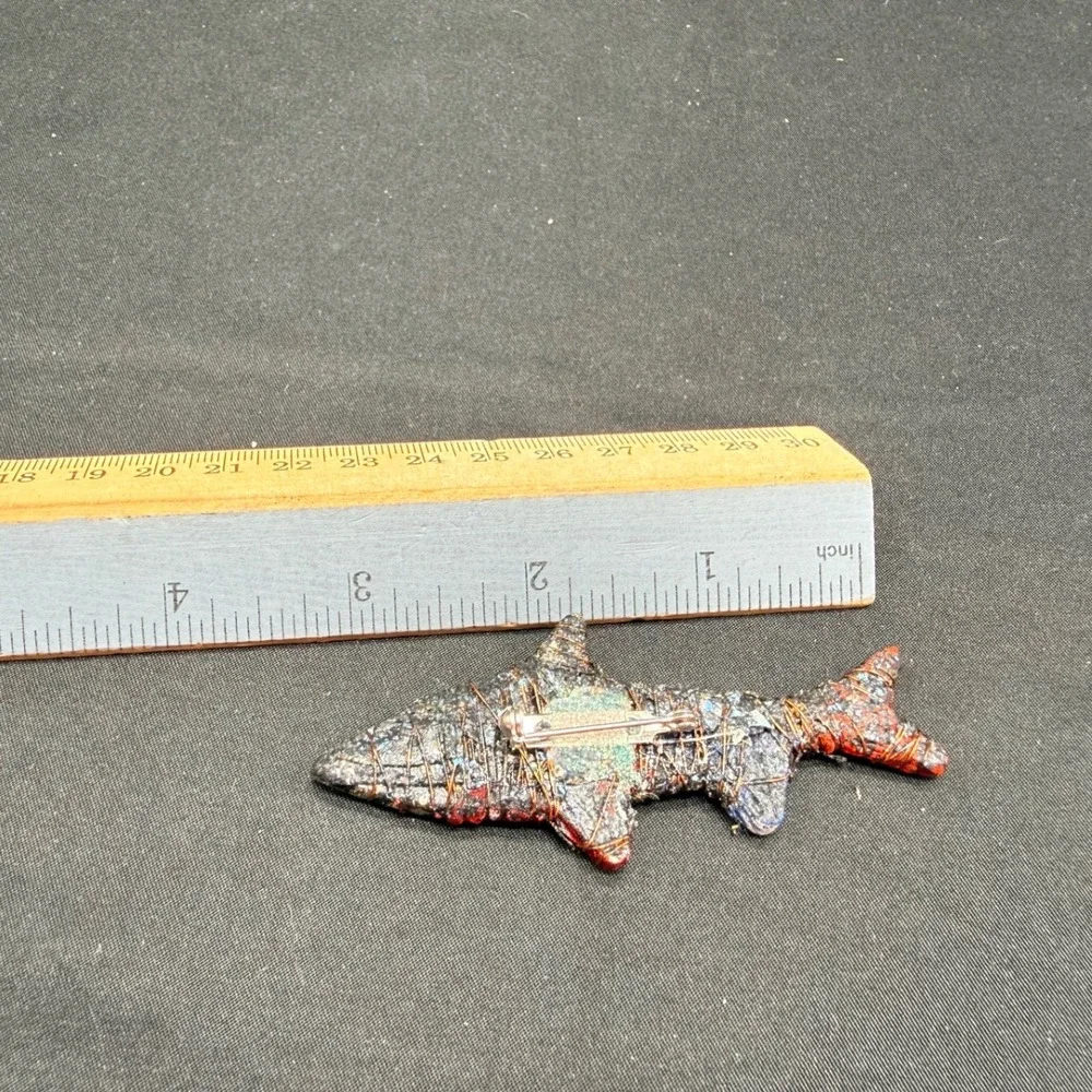 Handmade Mixed Media Shark Brooch Wire Wrapped Fabric Art Pin Nautical Jewelry